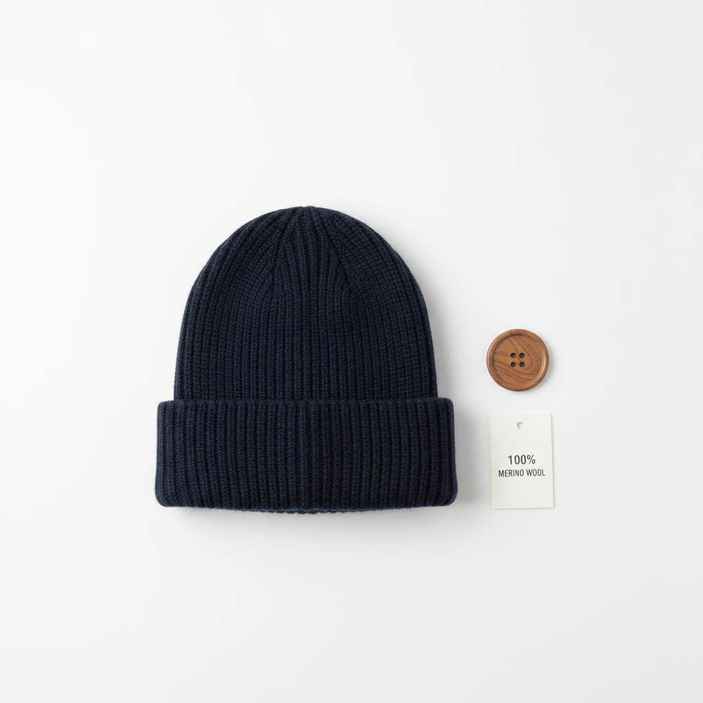 Navy Wool Knit Beanie Hat