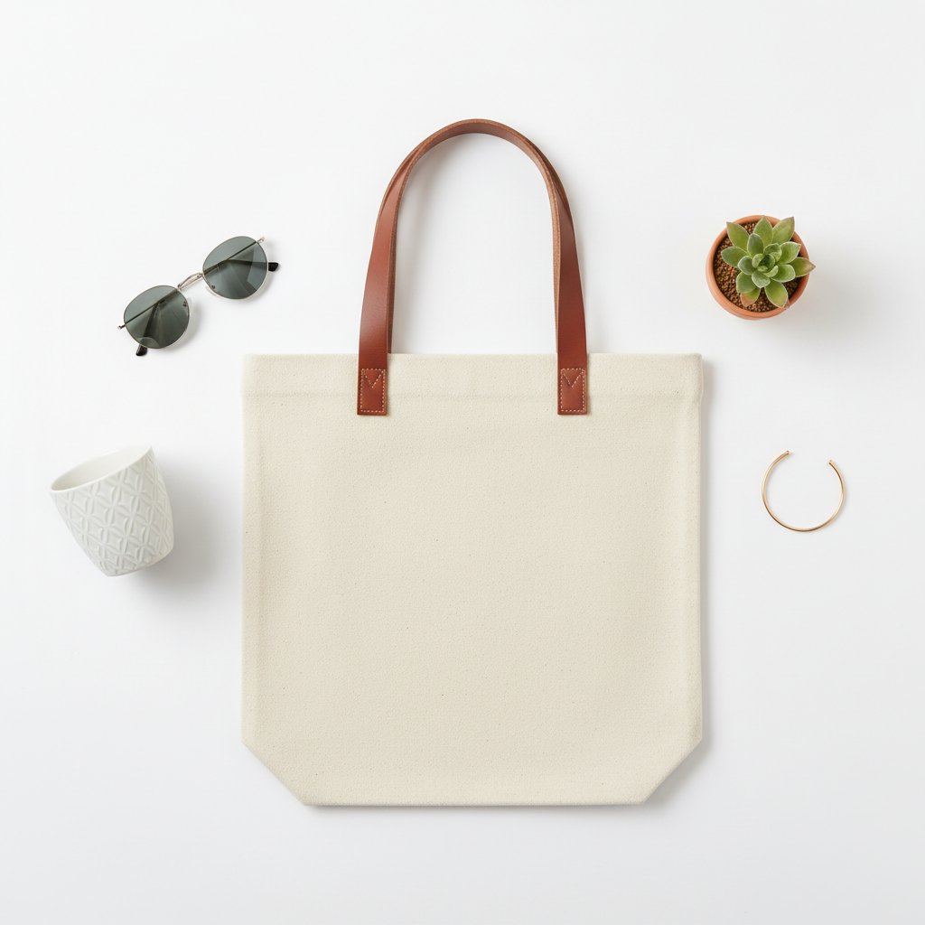 Beige Canvas Tote Bag with Leather Handles